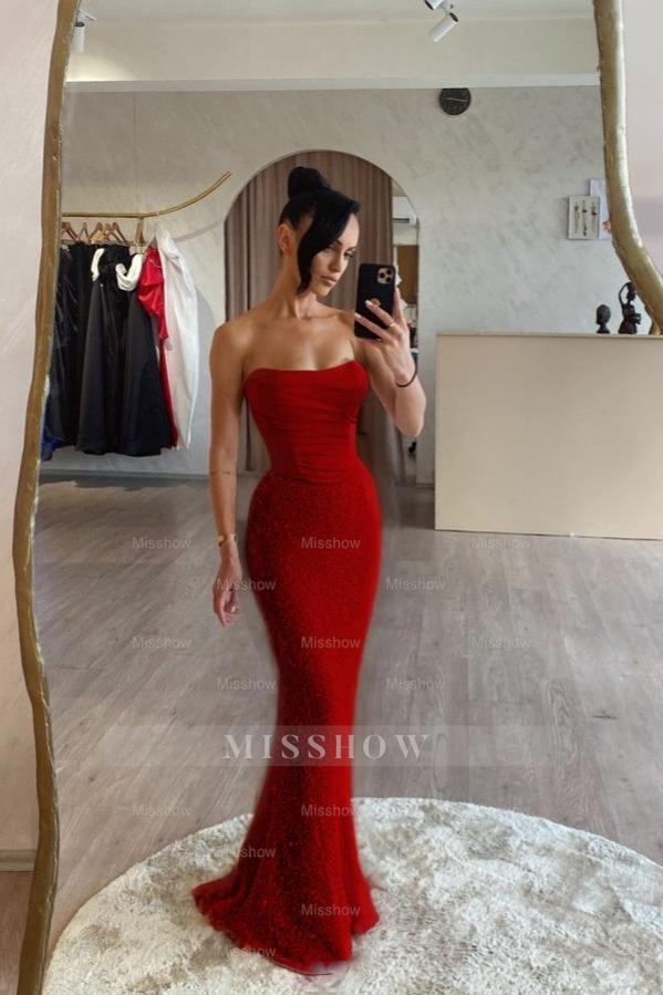 Red strapless sequin mermaid evening dress