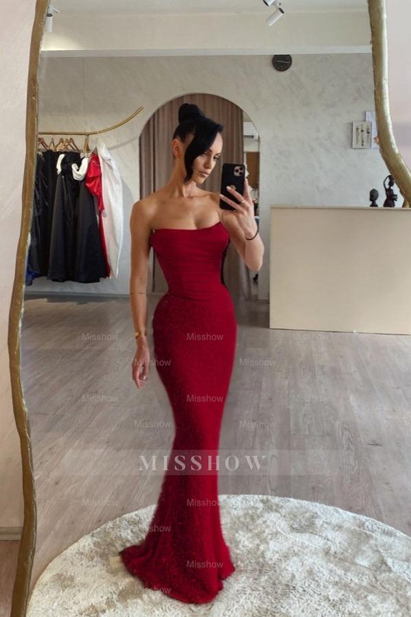 Red strapless sequin mermaid evening dress