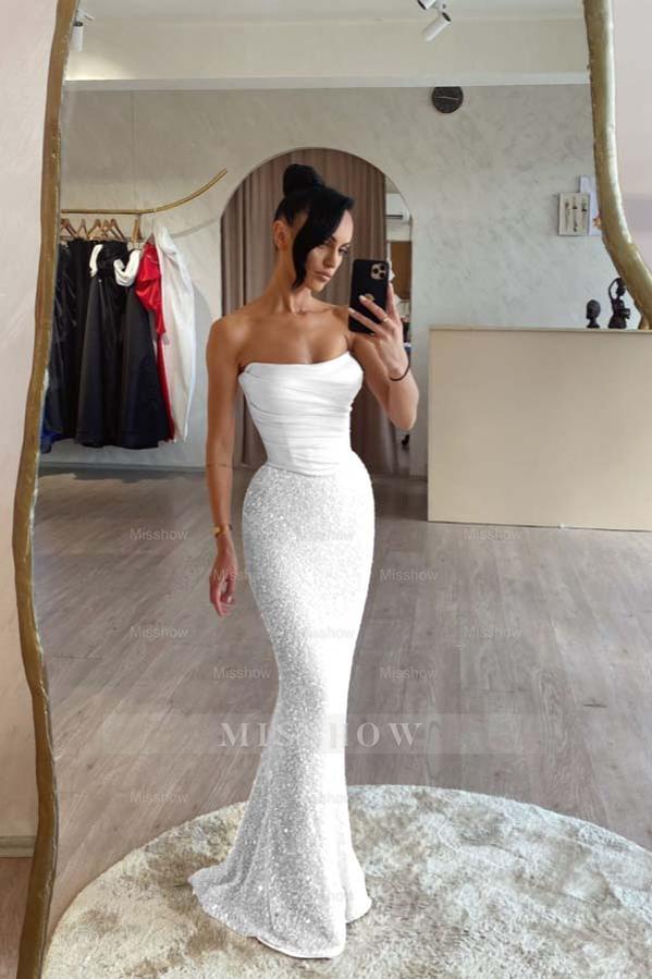 White strapless sequin mermaid evening dress