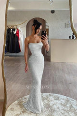 Silver strapless sequin mermaid evening dress