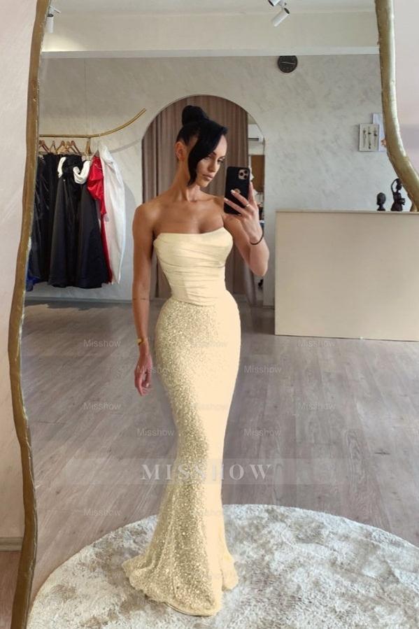 Champagne strapless sequin mermaid evening dress
