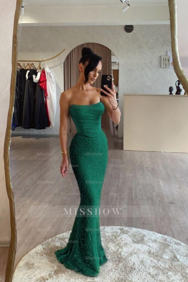 Dark green strapless sequin mermaid evening dress