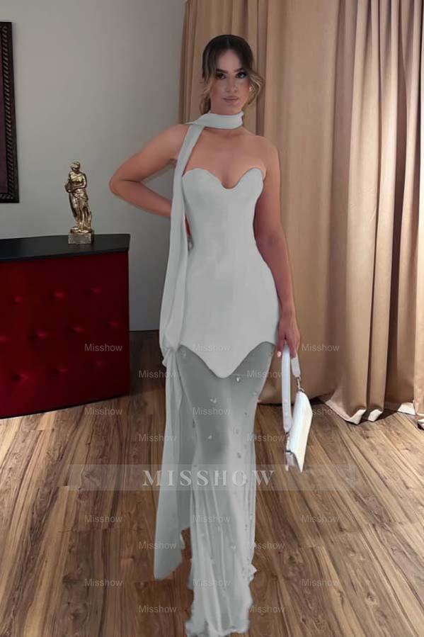 Pink Strapless Sweetheart Sleeveless Mermaid Satin Beaded Scarf Floor Length Evening Gown