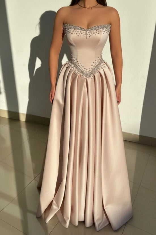 Pink Strapless Sweetheart Sleeveless Rhinestone Beaded Satin A-Line Formal Evening Gown