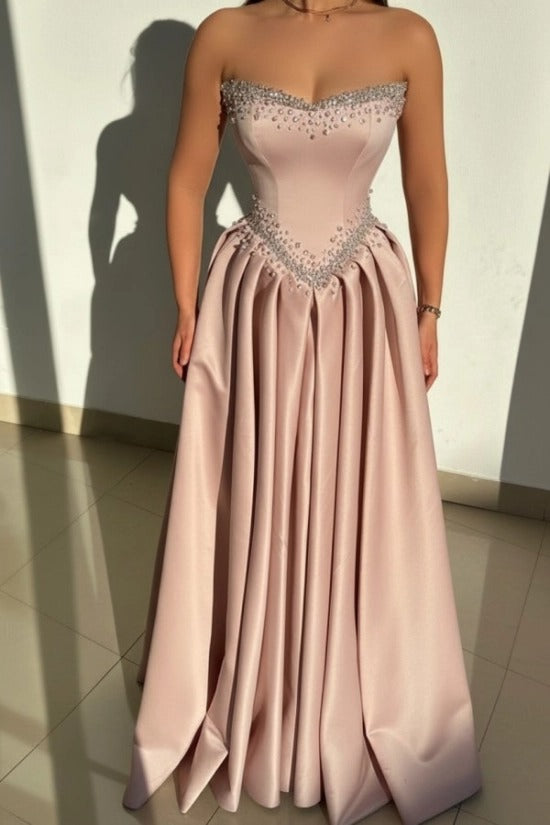 Pink Strapless Sweetheart Sleeveless Rhinestone Beaded Satin A-Line Formal Evening Gown