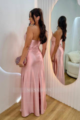 Pink v-neck ruched A-line evening dress
