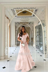 Pink Sweetheart Cap Sleeve Mermaid Tulle Ruffled 3D Floral Floor Length Evening Gown