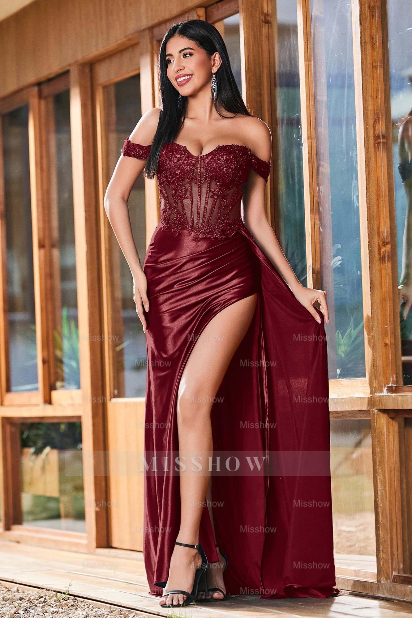 Pink Sweetheart Off Shoulder Mermaid Satin Lace Appliques Floor Length Formal Evening Gown