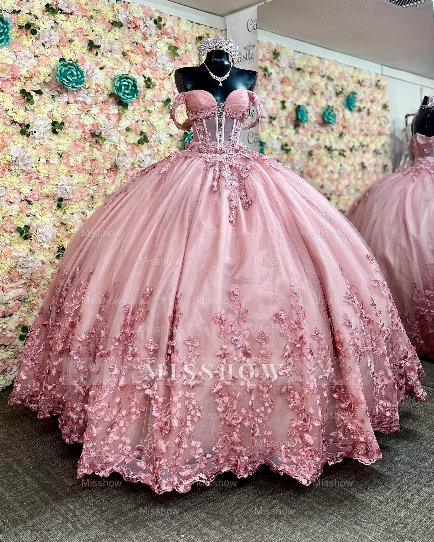 Pink Sweetheart Off-the-Shoulder Lace Applique Rhinestone Ball Gown Quinceanera Dress