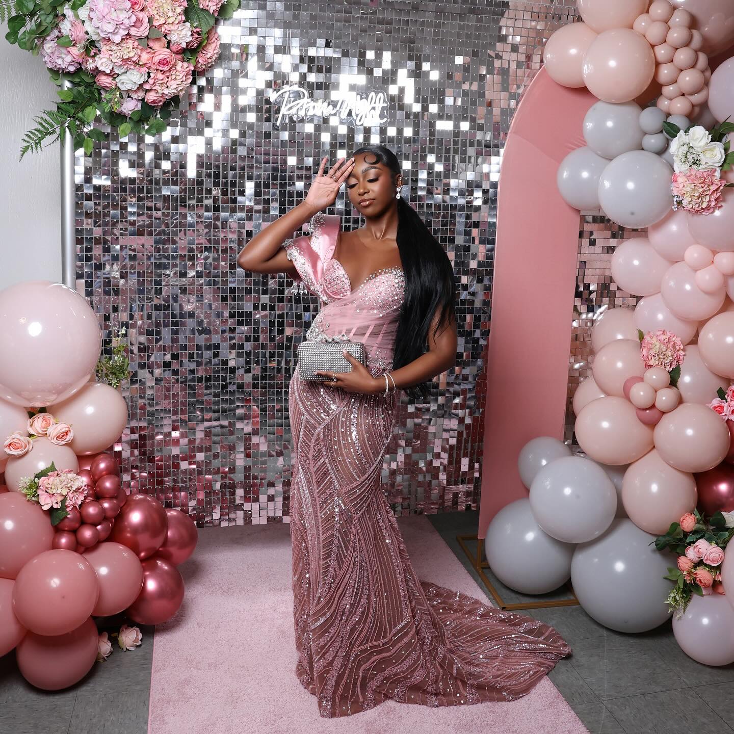 Pink Sweetheart One-Shoulder Sleeveless Sequined Rhinestone Mermaid Formal Evening Gown