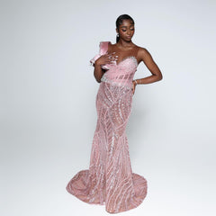 Pink Sweetheart One-Shoulder Sleeveless Sequined Rhinestone Mermaid Formal Evening Gown