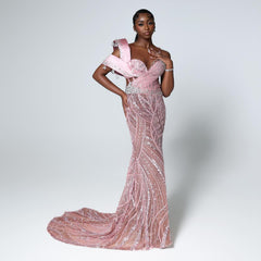 Pink Sweetheart One-Shoulder Sleeveless Sequined Rhinestone Mermaid Formal Evening Gown