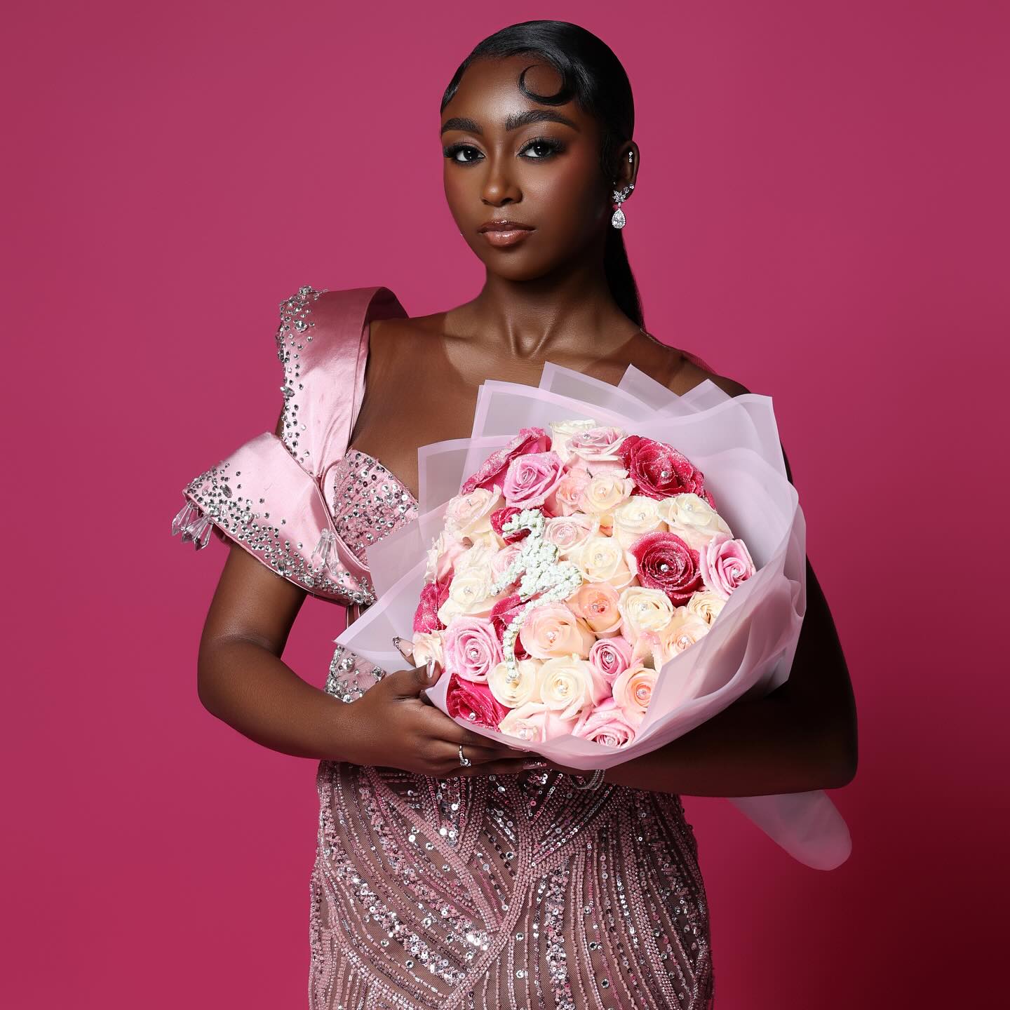 Pink Sweetheart One-Shoulder Sleeveless Sequined Rhinestone Mermaid Formal Evening Gown