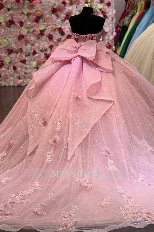 Pink Sweetheart Sleeveless 3D Floral Applique Rhinestone Bow Ball Gown Quinceanera Dress
