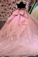 Pink Sweetheart Sleeveless 3D Floral Applique Rhinestone Bow Ball Gown Quinceanera Dress