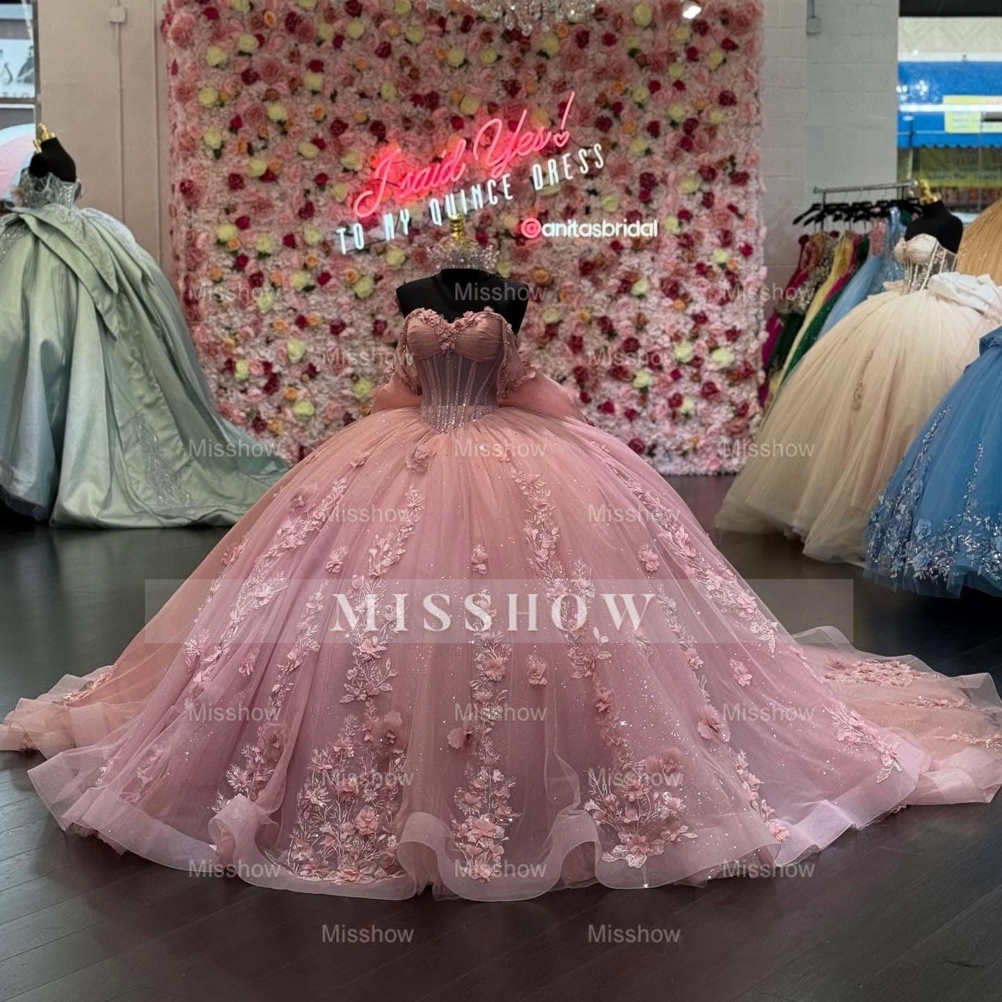 Pink Sweetheart Sleeveless 3D Floral Applique Rhinestone Bow Ball Gown Quinceanera Dress
