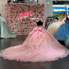 Pink Sweetheart Sleeveless 3D Floral Applique Rhinestone Bow Ball Gown Quinceanera Dress