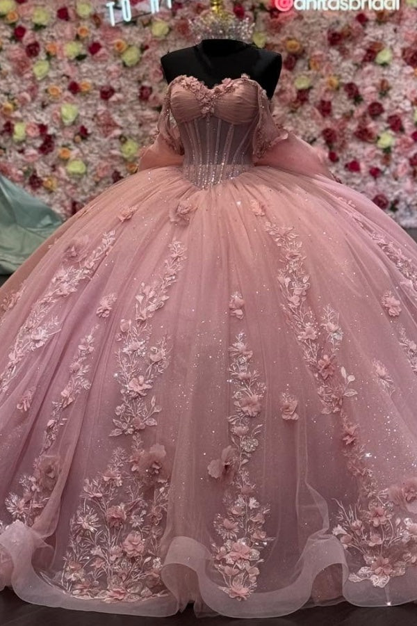 Pink Sweetheart Sleeveless 3D Floral Applique Rhinestone Bow Ball Gown Quinceanera Dress