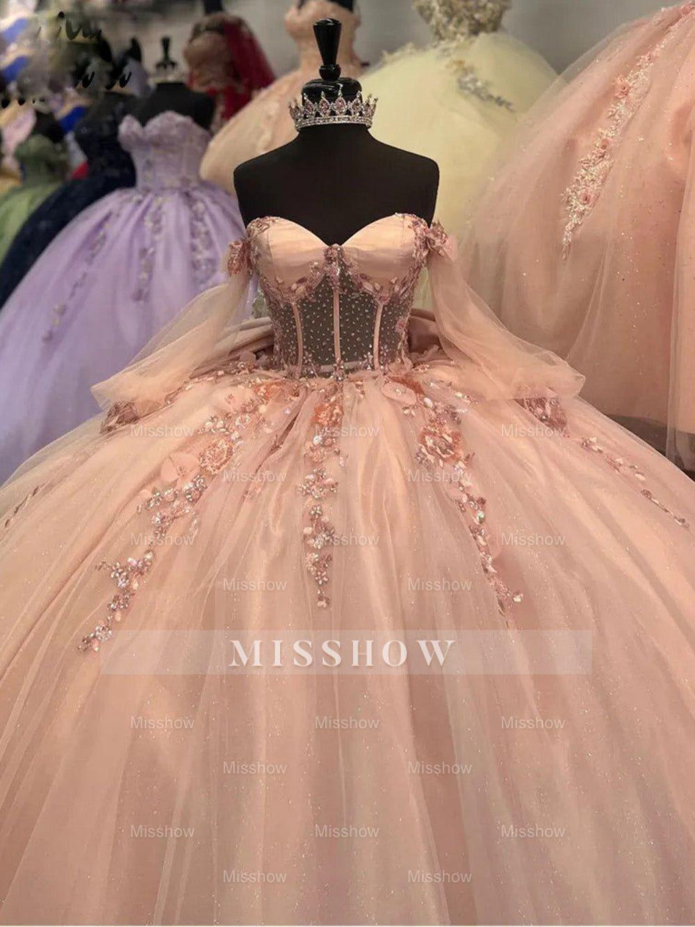 Pink Sweetheart Sleeveless Beaded Floral Applique Bow Ball Gown Quinceanera Dress