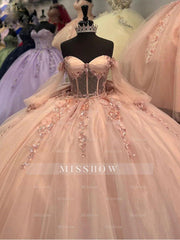 Pink Sweetheart Sleeveless Beaded Floral Applique Bow Ball Gown Quinceanera Dress