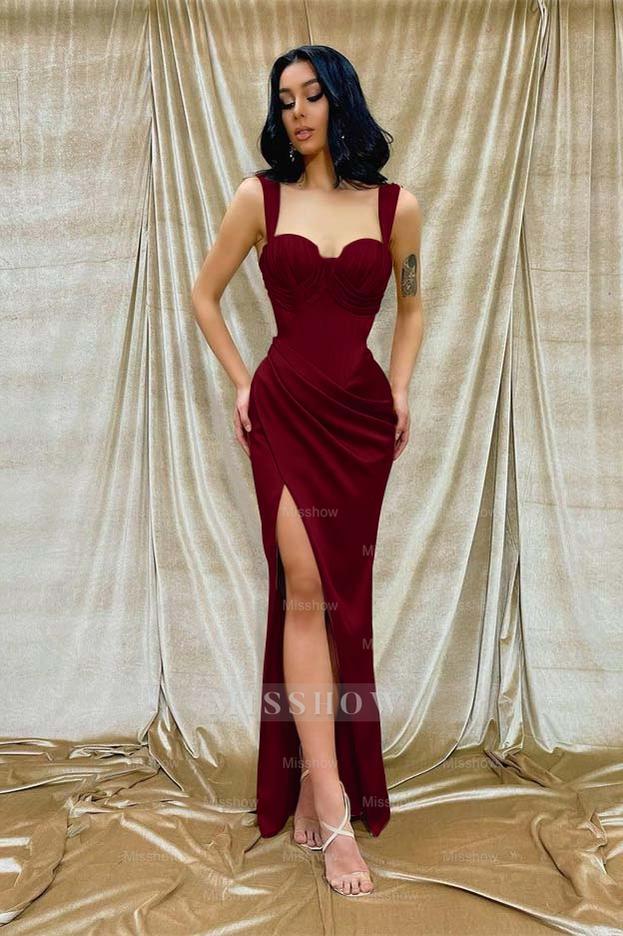 Pink Sweetheart Sleeveless Corset Ruching Bodycon Slit Floor Length Formal Evening Dress