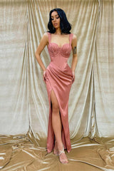 Pink Sweetheart Sleeveless Corset Ruching Bodycon Slit Floor Length Formal Evening Dress