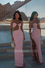 Pink Sweetheart Sleeveless Cutout O-Ring Column Satin Slit Floor Formal Evening Gown
