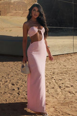Pink Sweetheart Sleeveless Cutout O-Ring Column Satin Slit Floor Formal Evening Gown