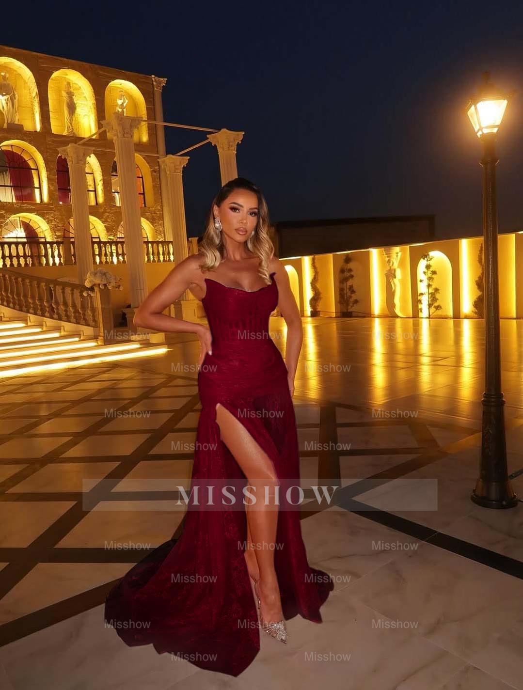 Pink Sweetheart Sleeveless Lace Corset Mermaid Split Floor Length Formal Evening Gown