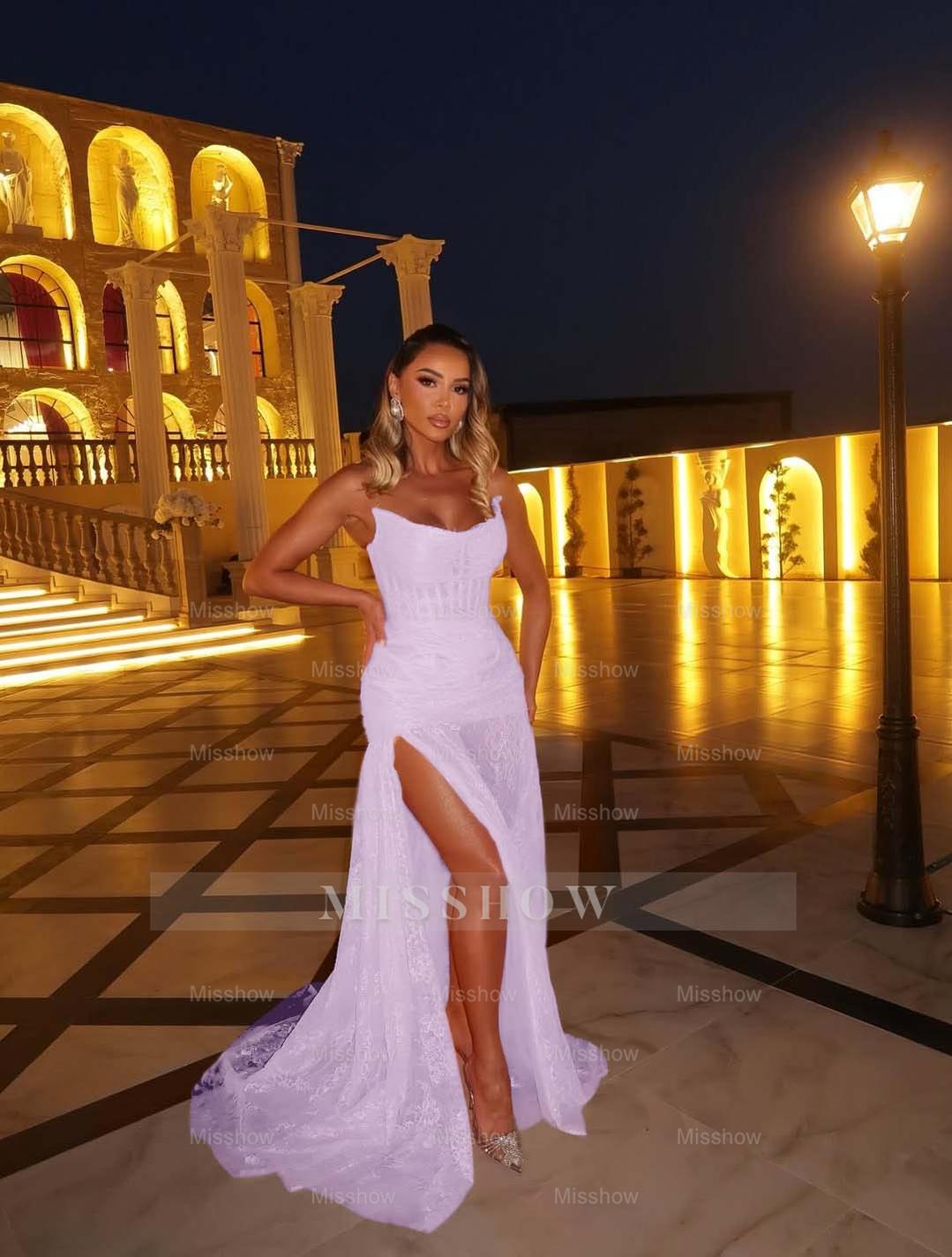Pink Sweetheart Sleeveless Lace Corset Mermaid Split Floor Length Formal Evening Gown
