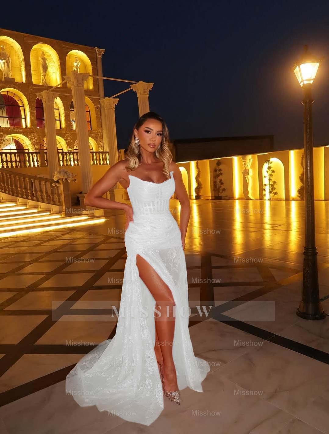 Pink Sweetheart Sleeveless Lace Corset Mermaid Split Floor Length Formal Evening Gown