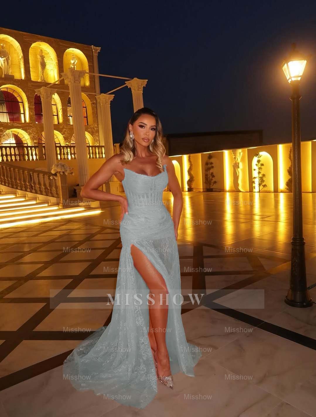 Pink Sweetheart Sleeveless Lace Corset Mermaid Split Floor Length Formal Evening Gown