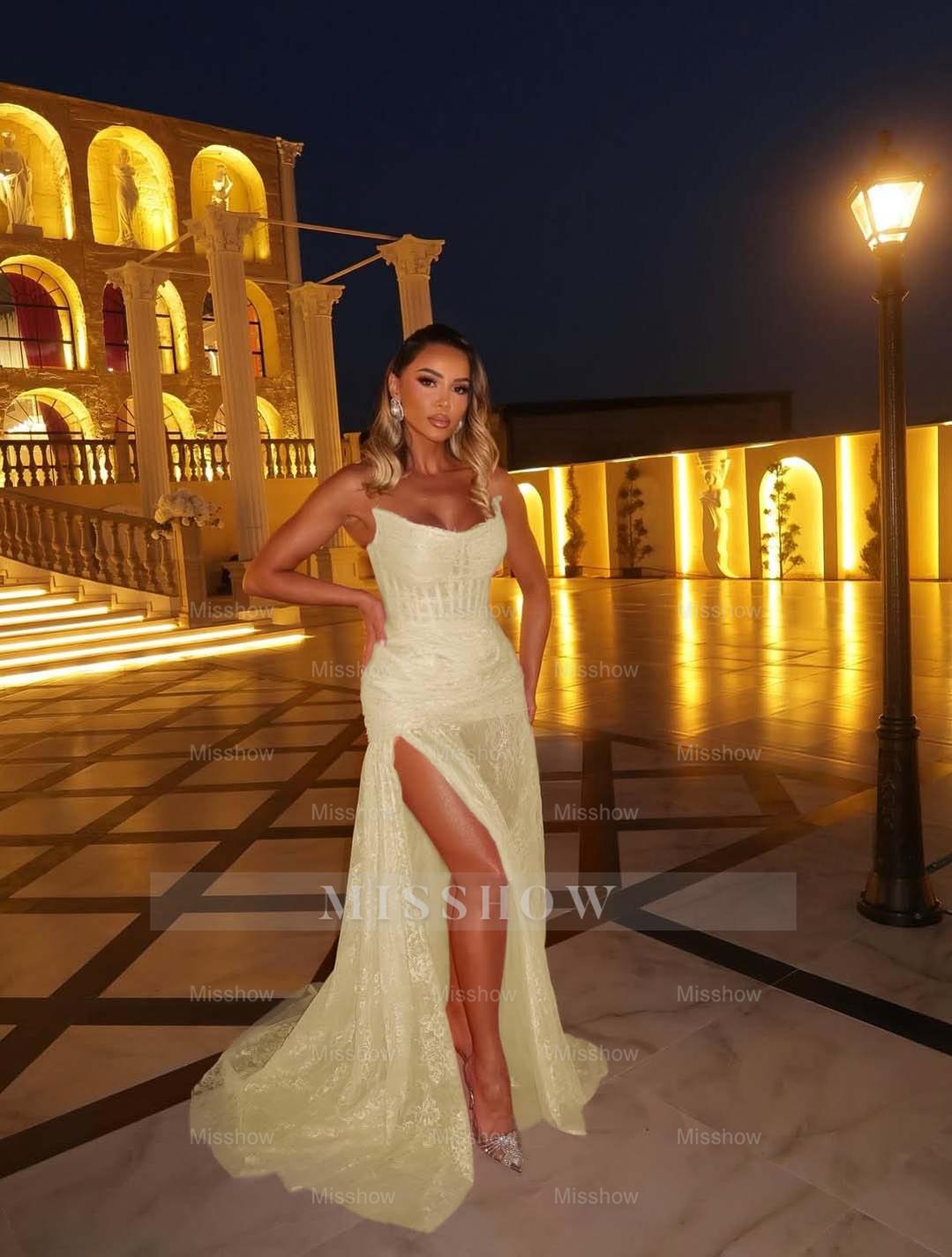 Pink Sweetheart Sleeveless Lace Corset Mermaid Split Floor Length Formal Evening Gown