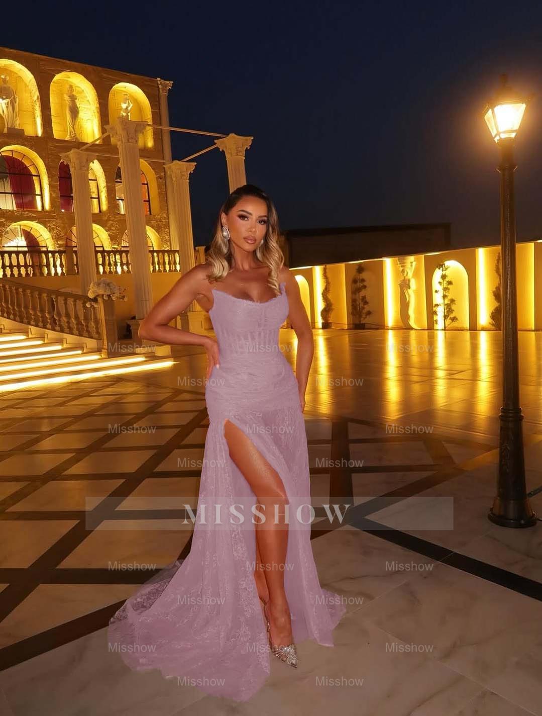 Pink Sweetheart Sleeveless Lace Corset Mermaid Split Floor Length Formal Evening Gown