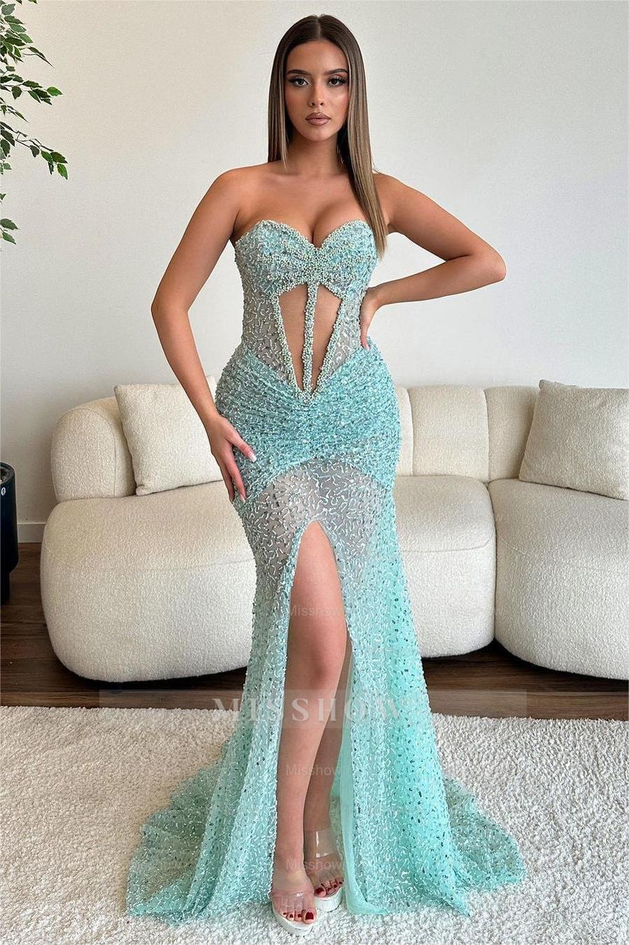 Pink Sweetheart Sleeveless Mermaid Sequined Beaded High-Slit Floor Formal Evening Gown