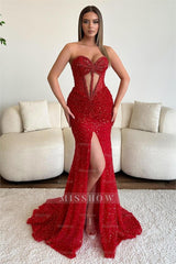 Pink Sweetheart Sleeveless Mermaid Sequined Beaded High-Slit Floor Formal Evening Gown