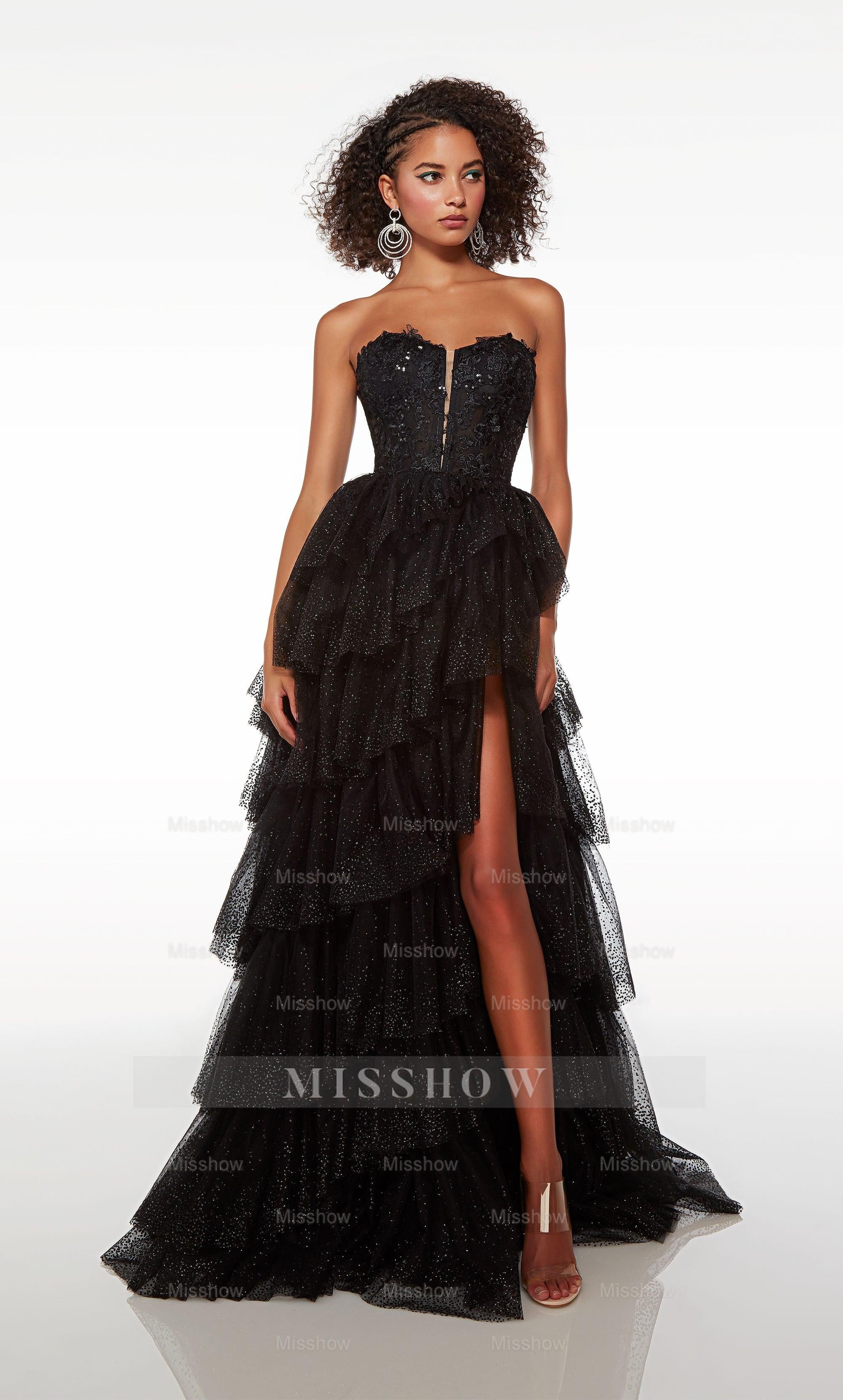 Pink Sweetheart Sleeveless Ruffled A-Line Tulle Slit Floor Length Formal Evening Gown