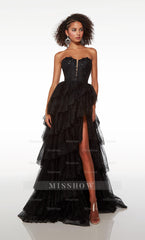 Pink Sweetheart Sleeveless Ruffled A-Line Tulle Slit Floor Length Formal Evening Gown