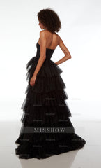 Pink Sweetheart Sleeveless Ruffled A-Line Tulle Slit Floor Length Formal Evening Gown