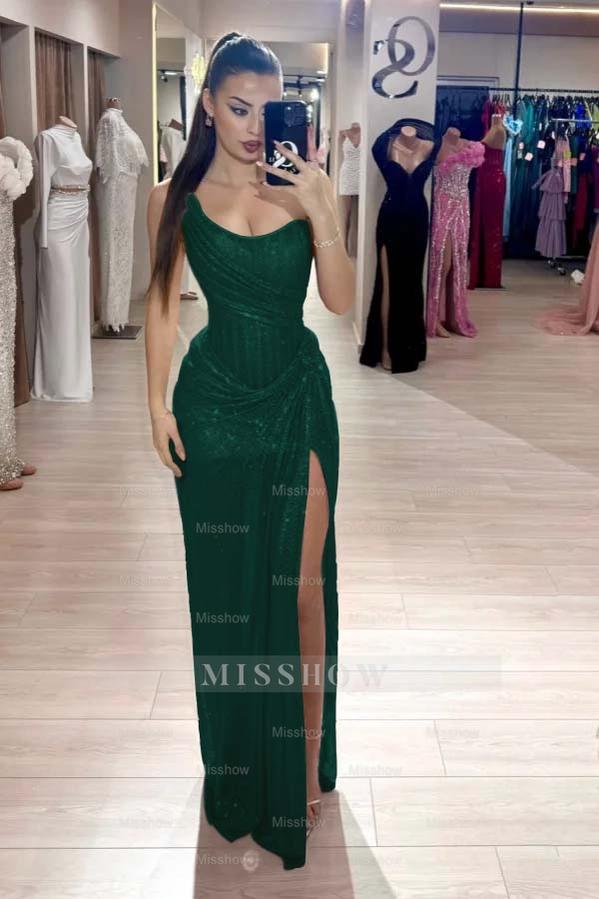 Dark green sweetheart rhinestone fit-and-flare evening dress