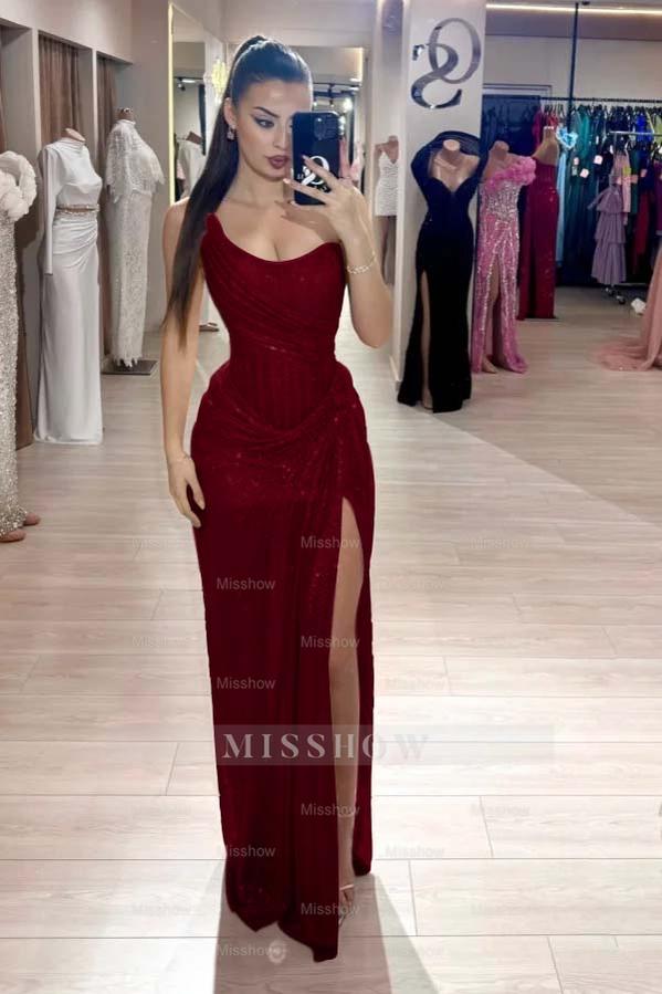 Burgundy sweetheart rhinestone fit-and-flare evening dress