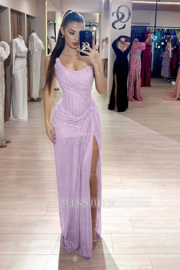 Lilac sweetheart rhinestone fit-and-flare evening dress