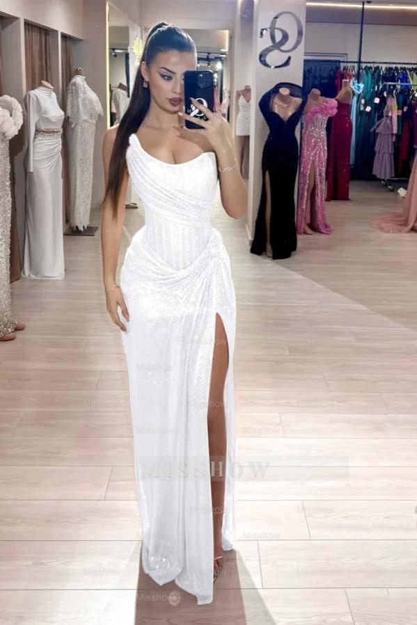 White sweetheart rhinestone fit-and-flare evening dress