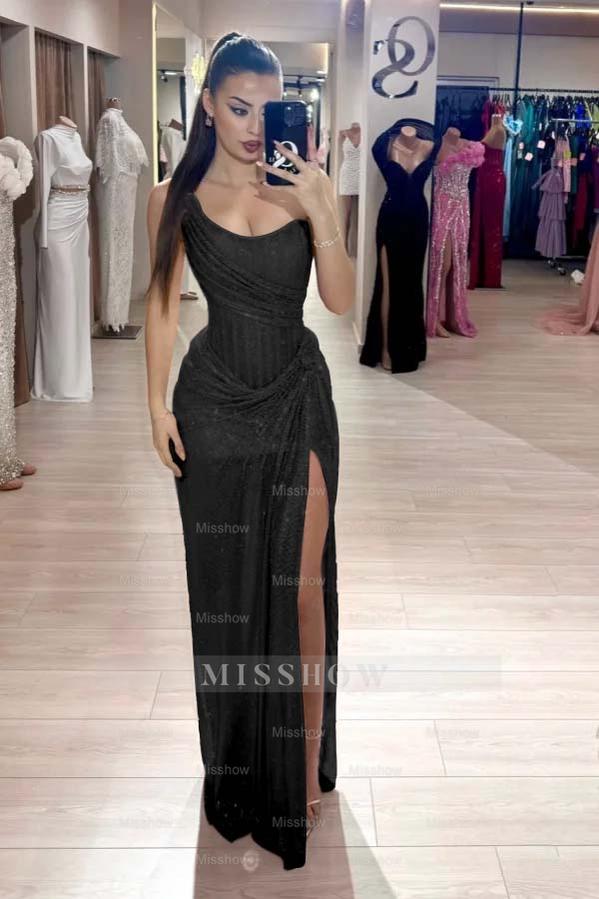 Black sweetheart rhinestone fit-and-flare evening dress