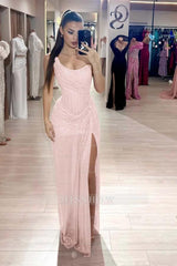 Pink sweetheart rhinestone fit-and-flare evening dress