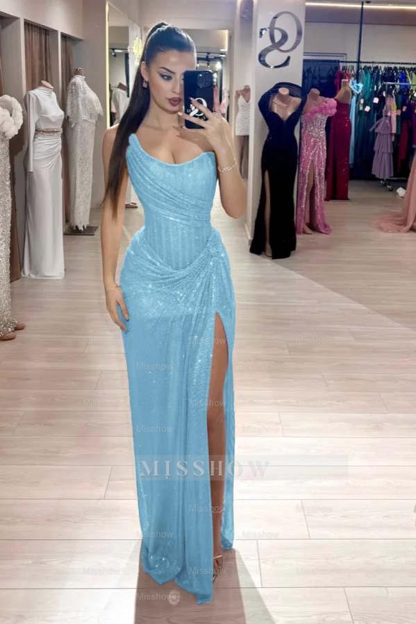 Light blue sweetheart rhinestone fit-and-flare evening dress