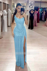 Light blue sweetheart rhinestone fit-and-flare evening dress