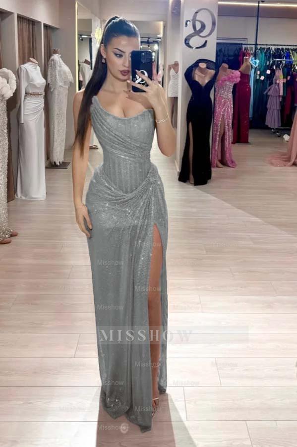 Silver grey sweetheart rhinestone fit-and-flare evening dress