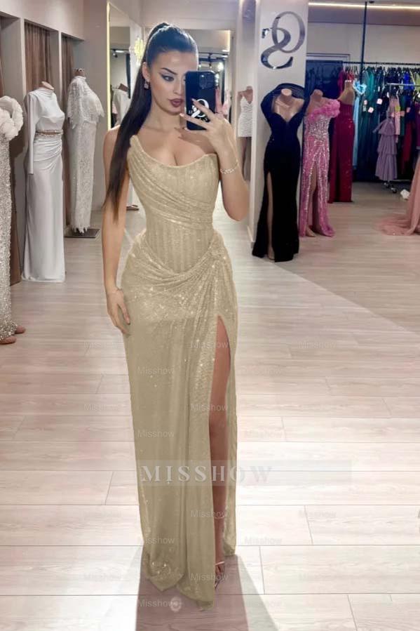 Champagne sweetheart rhinestone fit-and-flare evening dress