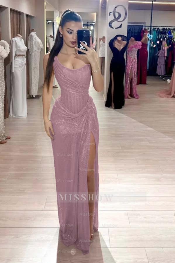 Dusty rose sweetheart rhinestone fit-and-flare evening dress